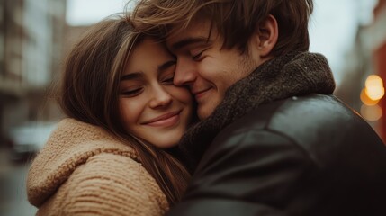 A joyful couple embracing in a city setting, radiating love and warmth during a cozy moment together.