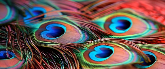 Vibrant peacock feathers displaying iridescent and intricate patterns.