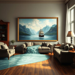 Fototapeta premium Modern living room with a ship and river floating out