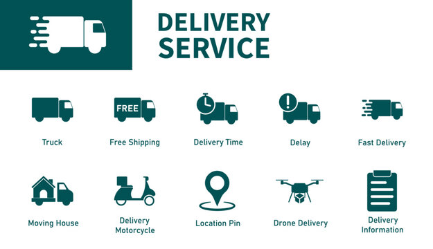 Delivery service icons. Set of solid vector icons on the theme of shipping, truck, moving house, location, drone.