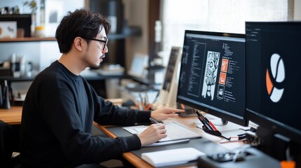 Asian graphic designer utilizing a computer, creating logos, taking notes, and displaying the process of creating a corporate identity and logo.