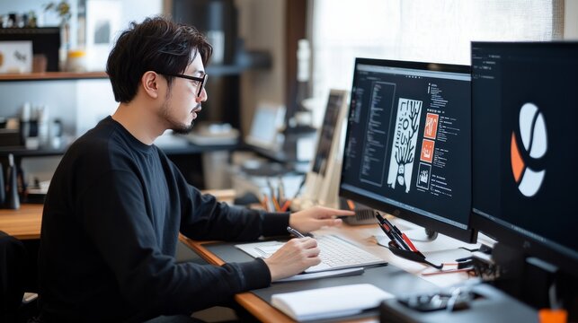 Asian graphic designer utilizing a computer, creating logos, taking notes, and displaying the process of creating a corporate identity and logo.