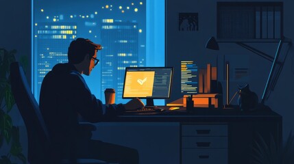 A graphic designer who works late into the night at work