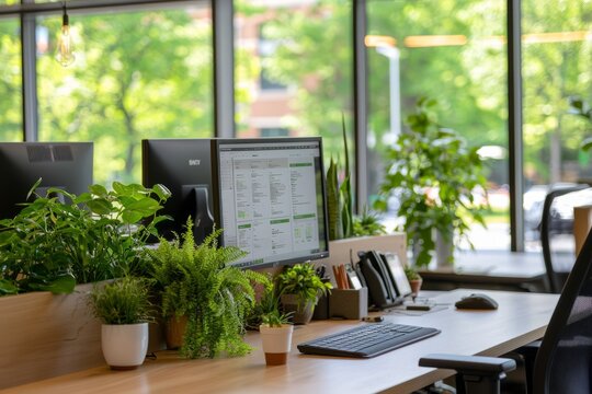 A cubicle filled with green plants and natural light, creating a refreshing and calm working environment, Generative AI 