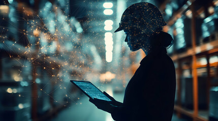 A silhouette of a person in a hard hat using a tablet, surrounded by shelves in a warehouse, showcasing modern technology in logistics.