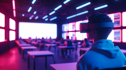 A student wearing a VR headset in a modern classroom filled with glowing screens and colorful lighting, engaged in a virtual learning environment.