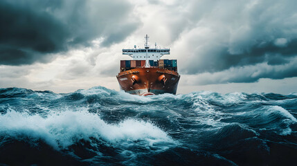 A cargo ship navigates through turbulent seas under a dramatic sky filled with dark clouds, showcasing the power of nature and maritime challenges.