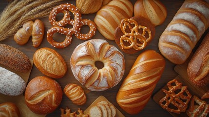 Assorted breads and pastries such as baguettes rolls wreaths pretzels bun cookies and wheat ears beautifully arranged on a wooden surface from a top view perspective