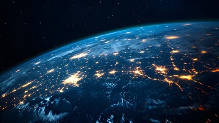 Obraz premium Planet Earth, city lights and cellular digital network growing binary data. 