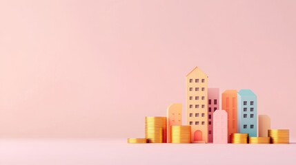 Real Estate Investment Concept With Miniature Wooden Buildings On Stacked Coins And Blank Space On The Left Side
