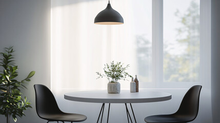 minimalist modern dining room with white table and black chairs  - stock photo