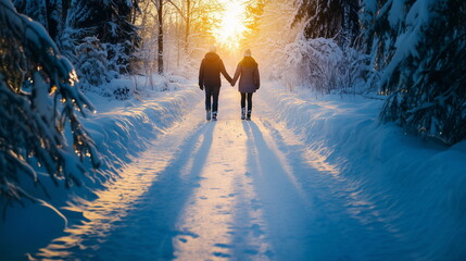 Naklejka premium The back of a man and a woman couple walking hand in hand along a dense winter forest path covered with strong sunlight.