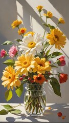 優雅で明るい雰囲気の花瓶に飾られたフラワーアレンジメント