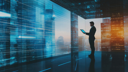 Businessman manages 3D data from a tablet, his hands touching the futuristic screen to emphasize his direct interaction with the digital world.