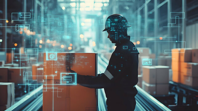 A worker inspects boxes in a modern warehouse, surrounded by digital overlays representing technology and logistics.