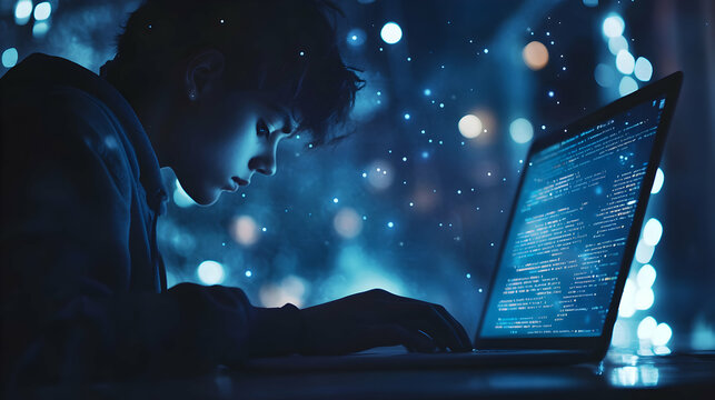 A focused individual works intently on a laptop, illuminated by blue light, amidst a backdrop of shimmering bokeh.