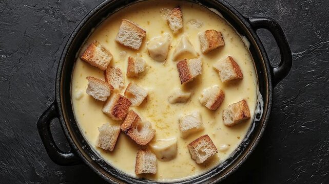 Top View of Creamy Cheese Fondue with Croutons