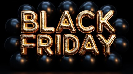 Vibrant Black Friday text with shiny gold effect surrounded by black balloons, perfect for promotional materials.