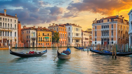 Obraz premium A picturesque view of Veniceas canals with gondolas floating and colorful houses lining the water.