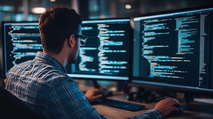 Software Engineer Coding on Multiple Screens A software engineer seated in front of several computer monitors, typing code with their back to the viewer, screens glowing with lines of code in a darken