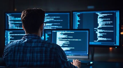 Software Engineer Coding on Multiple Screens A software engineer seated in front of several computer monitors, typing code with their back to the viewer, screens glowing with lines of code in a darken