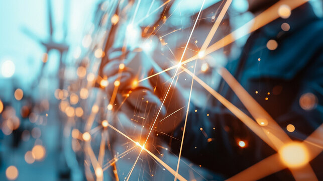 A blurry image of a person holding a cell phone with a bright orange background