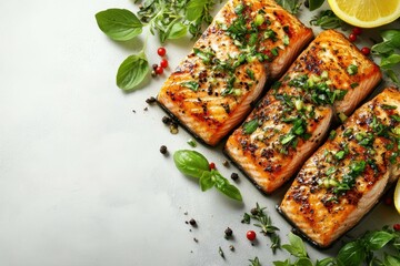 Salmon Recipe. Grilled salmon fillets with herbs and lemon on white pl