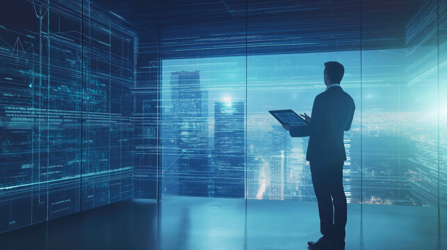 Businessman manages 3D data from a tablet, his hands touching the futuristic screen to emphasize his direct interaction with the digital world.