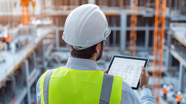 A construction worker with a hard hat and safety vest uses a tablet to review plans on a building site.