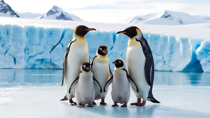 Obraz premium Experience the heartwarming beauty of this captivating image showcasing a family of penguins, including both adults and their adorable chicks, standing together on a stunning glacier.