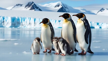 Fototapeta premium Experience the heartwarming beauty of this captivating image showcasing a family of penguins, including both adults and their adorable chicks, standing together on a stunning glacier.
