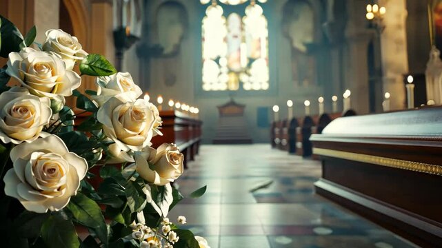 White roses sit on a pew in a church, facing the alter and a large, ornate casket