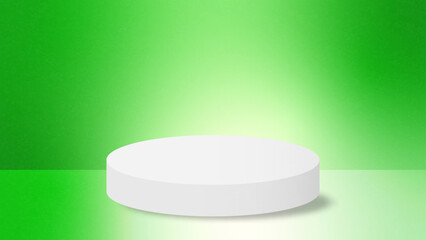 Realistic white cylinder pedestal podium on green gradient background. Vector rendering geometric forms design. Minimal scene. shadow. Stage showcase, Mockup product display.