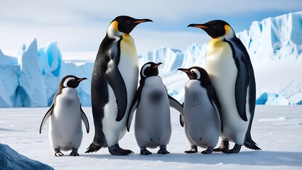 Fototapeta premium Experience the heartwarming beauty of this captivating image showcasing a family of penguins, including both adults and their adorable chicks, standing together on a stunning glacier.