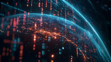 Obraz premium Planet Earth, city lights and cellular digital network growing binary data. 