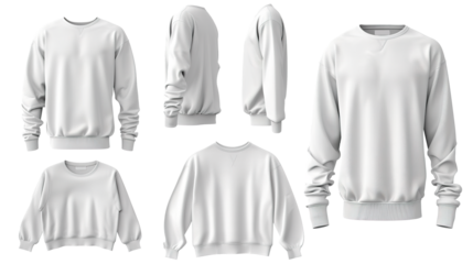 Detailed realistic visuals of white tees sweatshirts isolated on transparent background, png