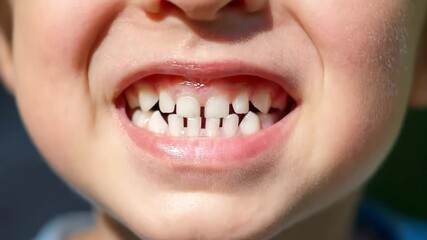 Close-up headshot of little preschool cute boy widely smiling, showing the first baby milk teeth. Happy four or five years old small adorable cutie toddler with primary teeth. Portrait