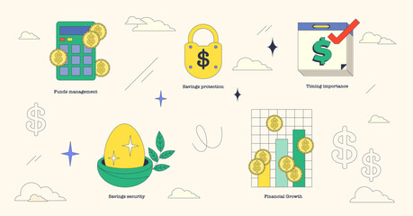 Illustration of financial growth, savings protection, and funds management in neubrutalism style collection.