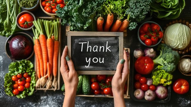 text "Thank you" written on a chalkboard in front of fresh vegetables and fruits, surrounded by hands holding boxes full with various types of green leafy greens