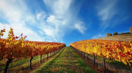 A vineyard in autumn, with grapevines turning golden and red against a blue sky.