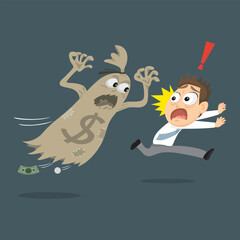 Businessman fear broken money bag no money. Flat, Vector, Illustration, Cartoon, EPS10.