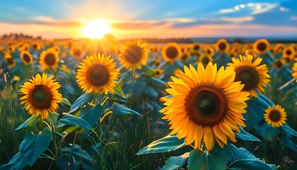 Vibrant sunflowers blooming in a picturesque meadow beneath a bright blue sky