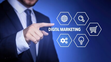 Businessman touching an icon representing digital strategy with the text DIGITAL MARKETING and related icons, symbolizing engagement, online business tactics, marketing innovation