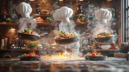 Floating chef s hats and pans with steam and swirling food elements, representing the creativity of culinary arts in a dynamic restaurant setting