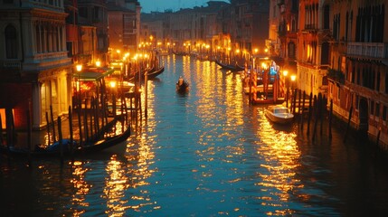 The canals of Venice at night, illuminated by street lights and reflections on the water.