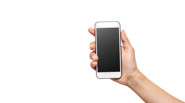 Hand holding smartphone isolated on transparent background, png