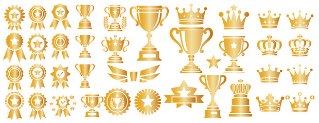 Award Collection for Celebrating Achievements and Success Features Trophies, Ribbons, Badges, and Victory Symbols for Competitions and Events