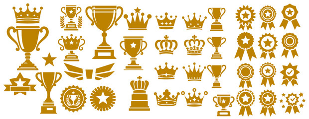 Complete Trophy and Badge Collection for Winning Achievements  Includes Crown, Ribbon, Medal, and Award Symbols for Sports and Competitions