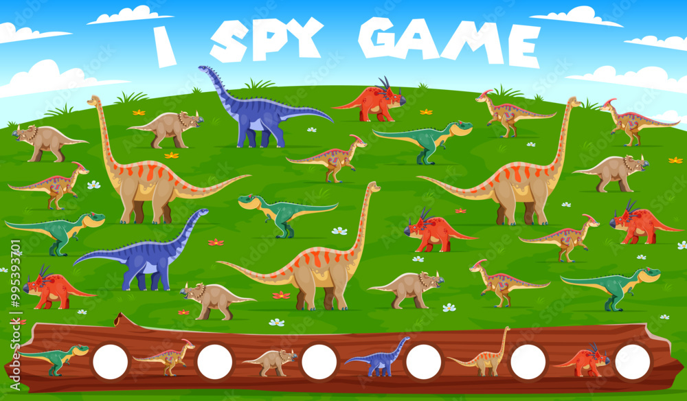 Poster i spy game worksheet with prehistoric dinosaurs and jurassic lizards, vector cartoon quiz. kid i spy