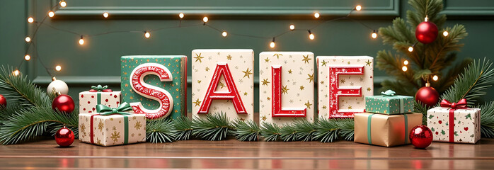 Christmas sale banner with the wrapped boxes, garland, balls and fir tree branches on green background